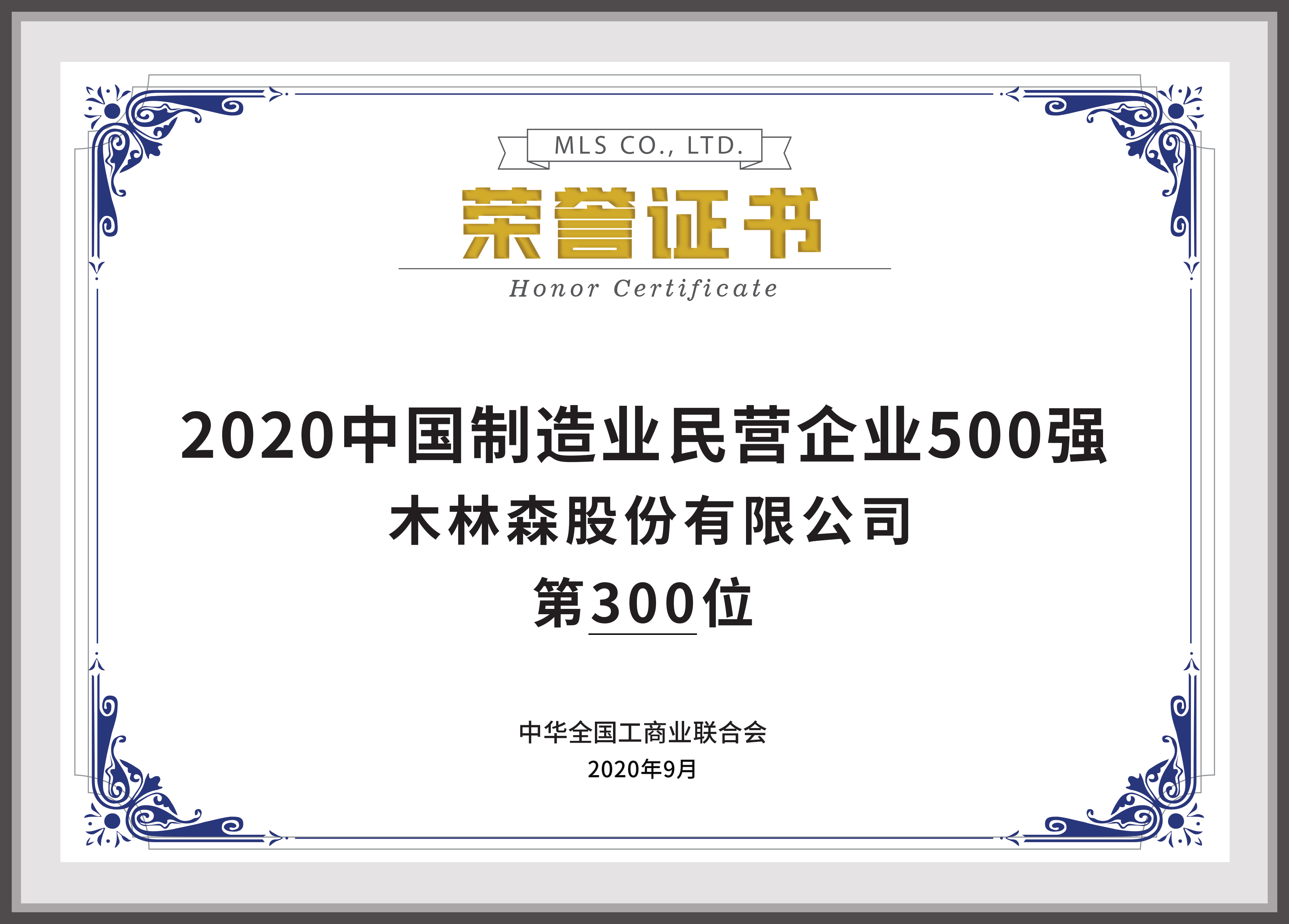 2020中國制造業(yè)500強(qiáng)民營企業(yè)500強(qiáng)第300位